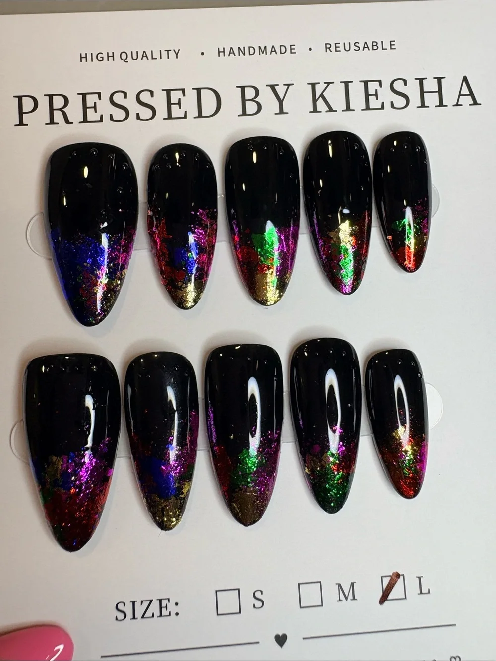 Black Press-On Nails with Multicolor Foil Tips